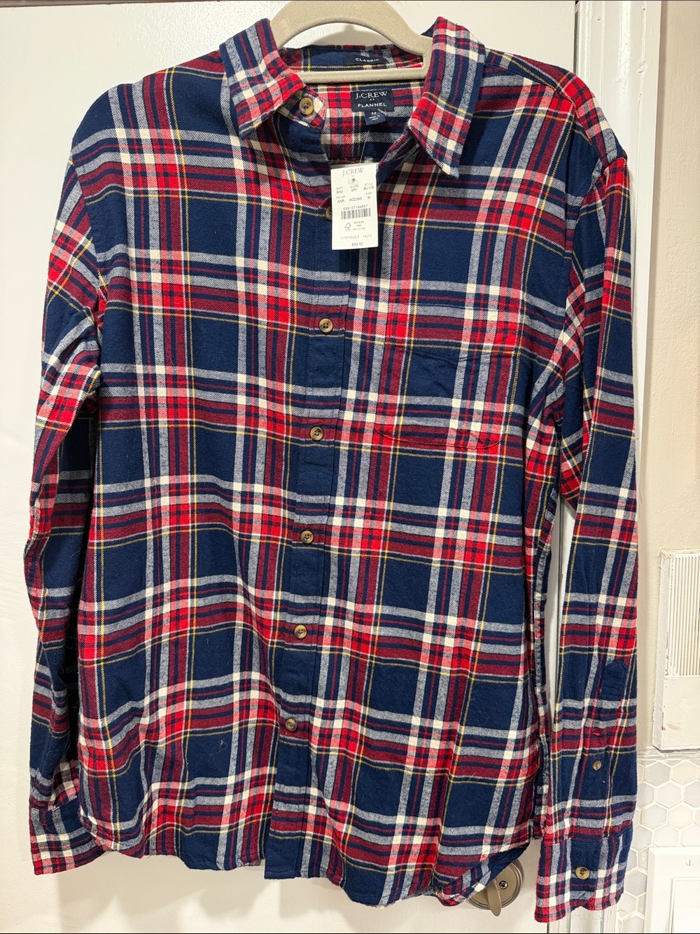 J. Crew Navy and Red Plaid Flannel Cotton Button-Down Shirt